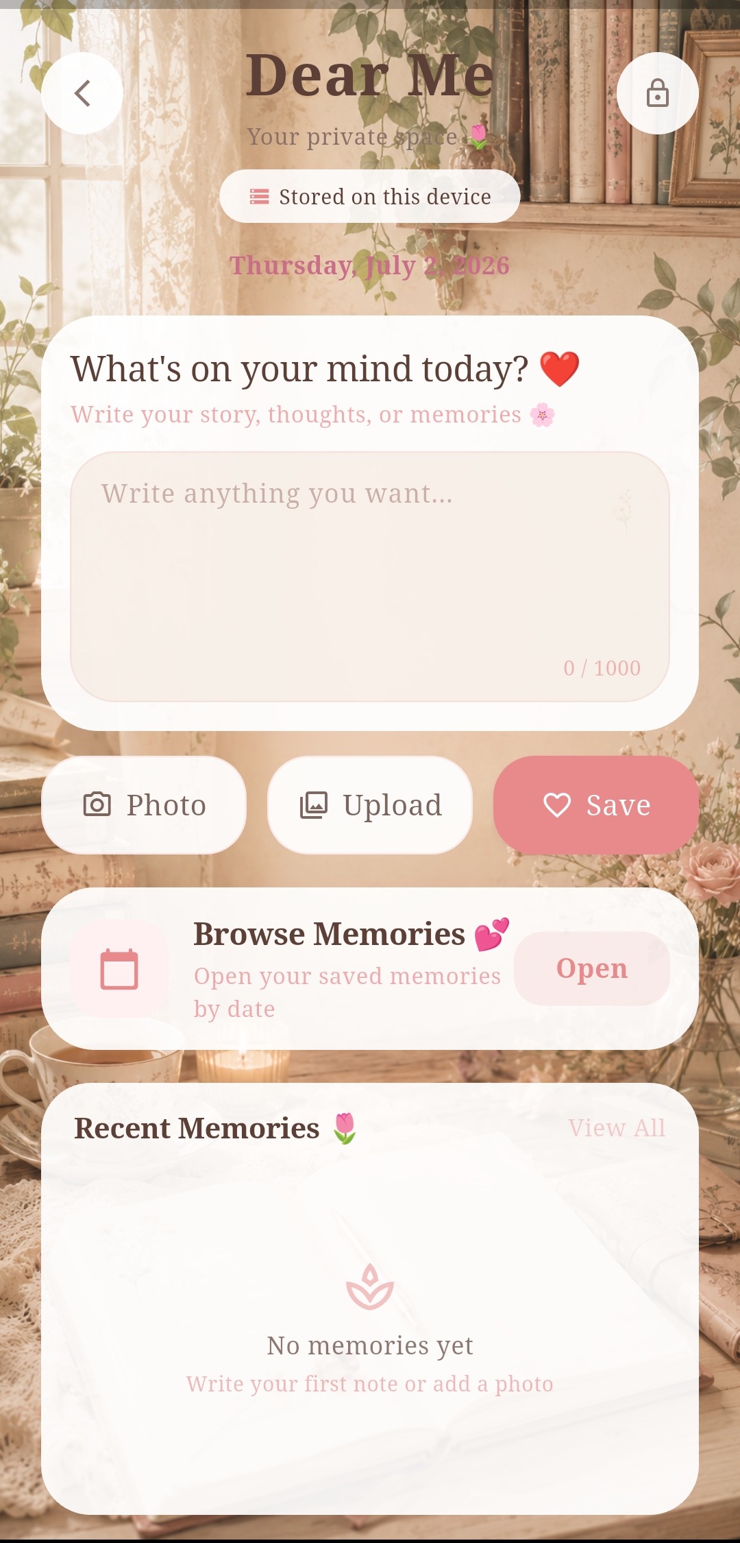 Dear Me personal diary and calendar screen